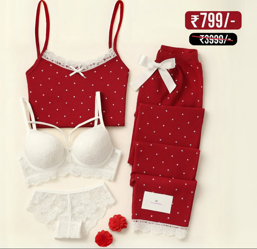 Red Love Night Suit & Bra Penty Set Combo for Women's