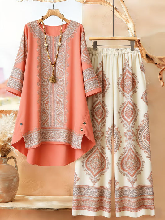 Women's Retro Bohemian Geometric Print Casual Co-Ord Set