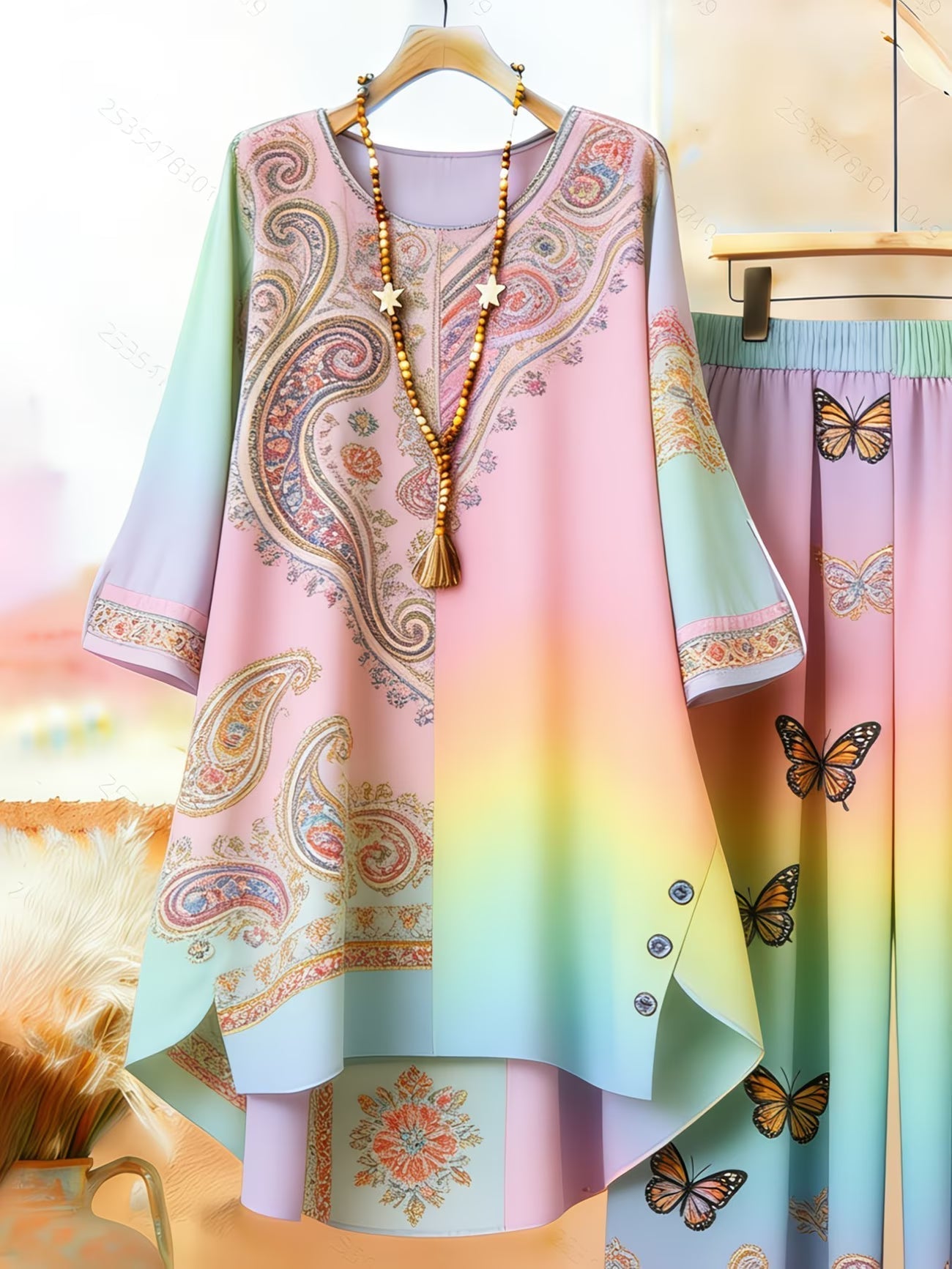 Women's Retro Bohemian Geometric Print Casual Co-Ord Set