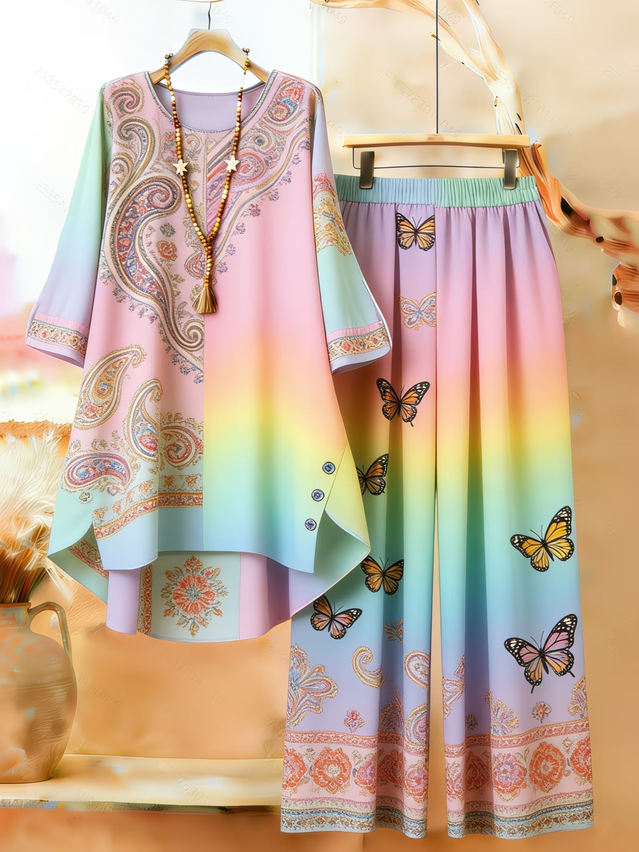 Women's Retro Bohemian Geometric Print Casual Co-Ord Set