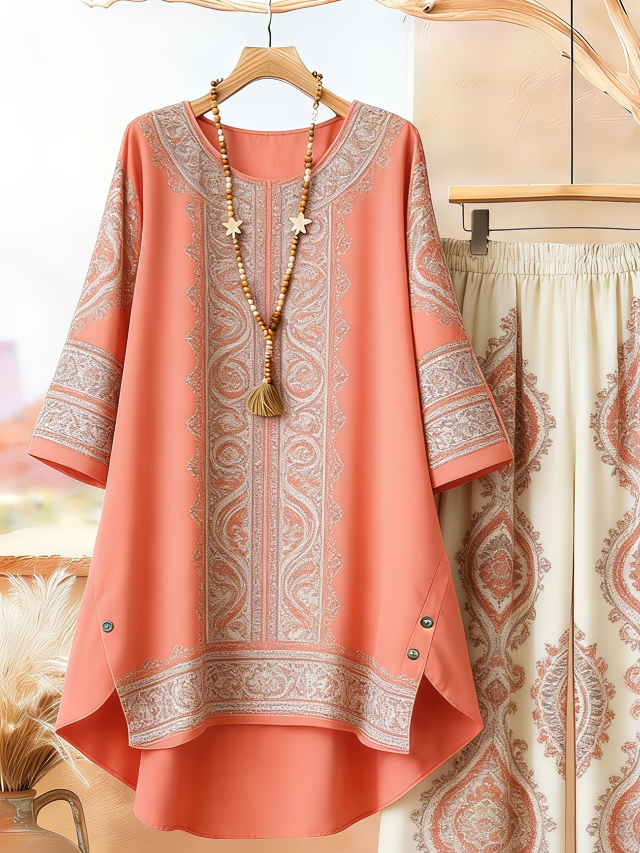 Women's Retro Bohemian Geometric Print Casual Co-Ord Set