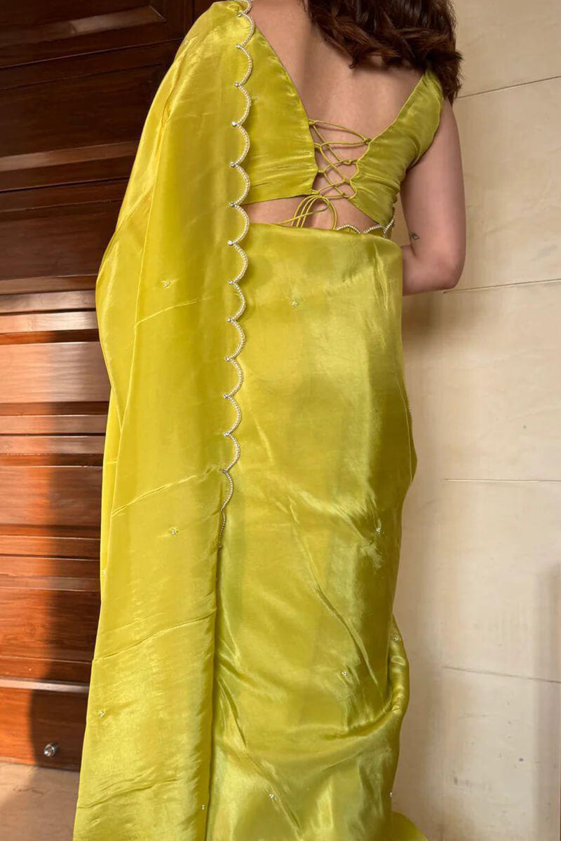 Pleasurable 1-Minute Ready To Wear Parrot Chinon Saree