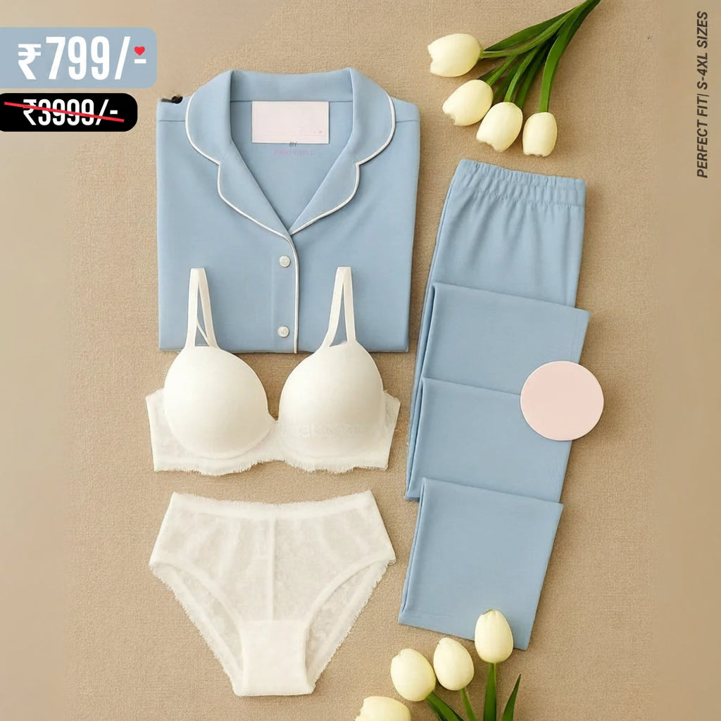 Light Blue Night Suit & Bra Penty Set Combo