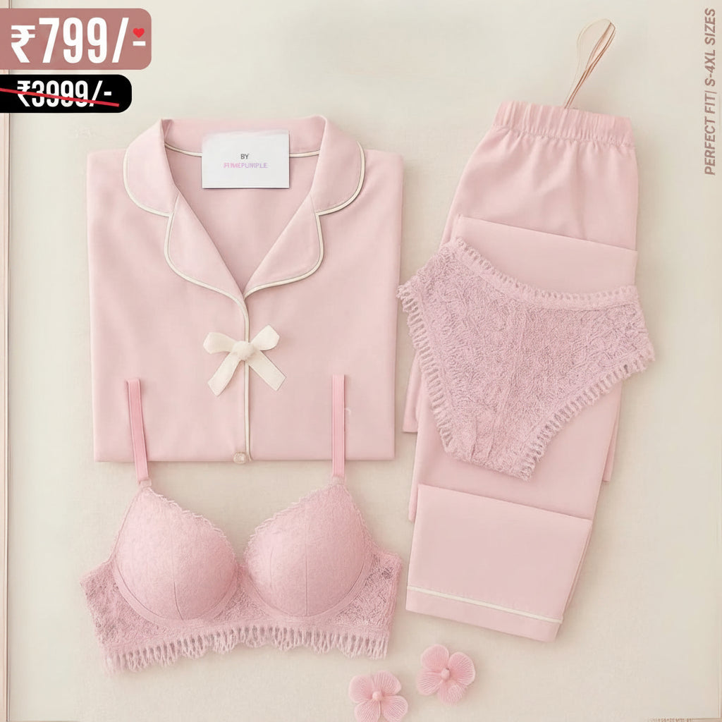 Pink Love Night Suit & Bra Penty Set Combo for Women's