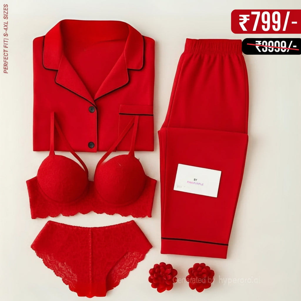 Marun Love Night Suit & Bra Penty Set Combo for Women's