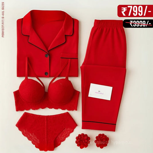 Marun Love Night Suit & Bra Penty Set Combo for Women's