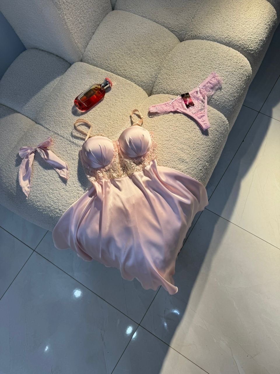 Scarlet Romance 5-Piece Satin & Lace Lingerie Set (Soft-Pink)