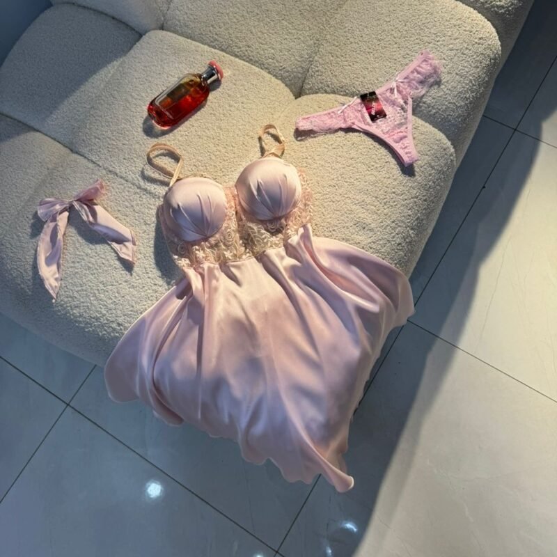 Scarlet Romance 5-Piece Satin & Lace Lingerie Set (Soft-Pink)