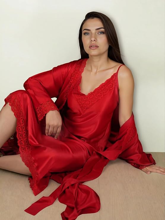 Luxury Satin Lace Nightwear Set for Women – Soft & Elegant Nightsuit (Red)