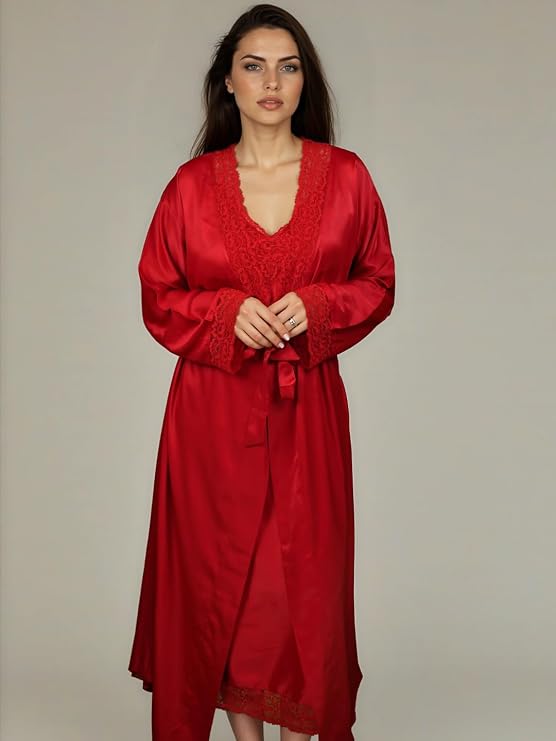 Luxury Satin Lace Nightwear Set for Women – Soft & Elegant Nightsuit (Red)