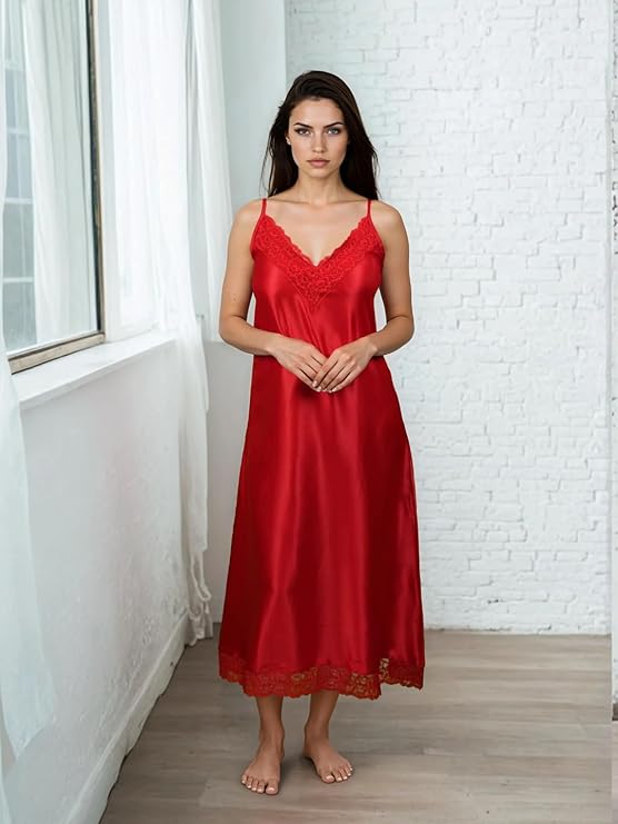 Luxury Satin Lace Nightwear Set for Women – Soft & Elegant Nightsuit (Red)