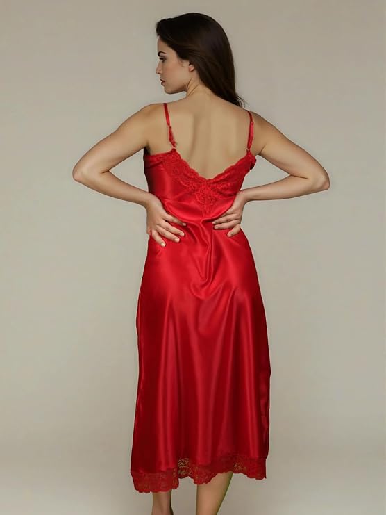 Luxury Satin Lace Nightwear Set for Women – Soft & Elegant Nightsuit (Red)