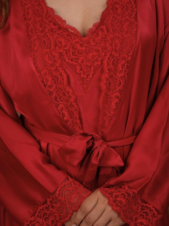 Luxury Satin Lace Nightwear Set for Women – Soft & Elegant Nightsuit (Red)